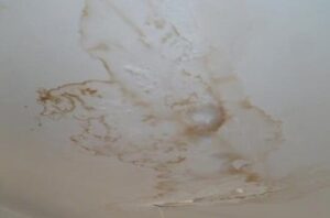 water damage to ceiling, visible discolouration due to leaking roof